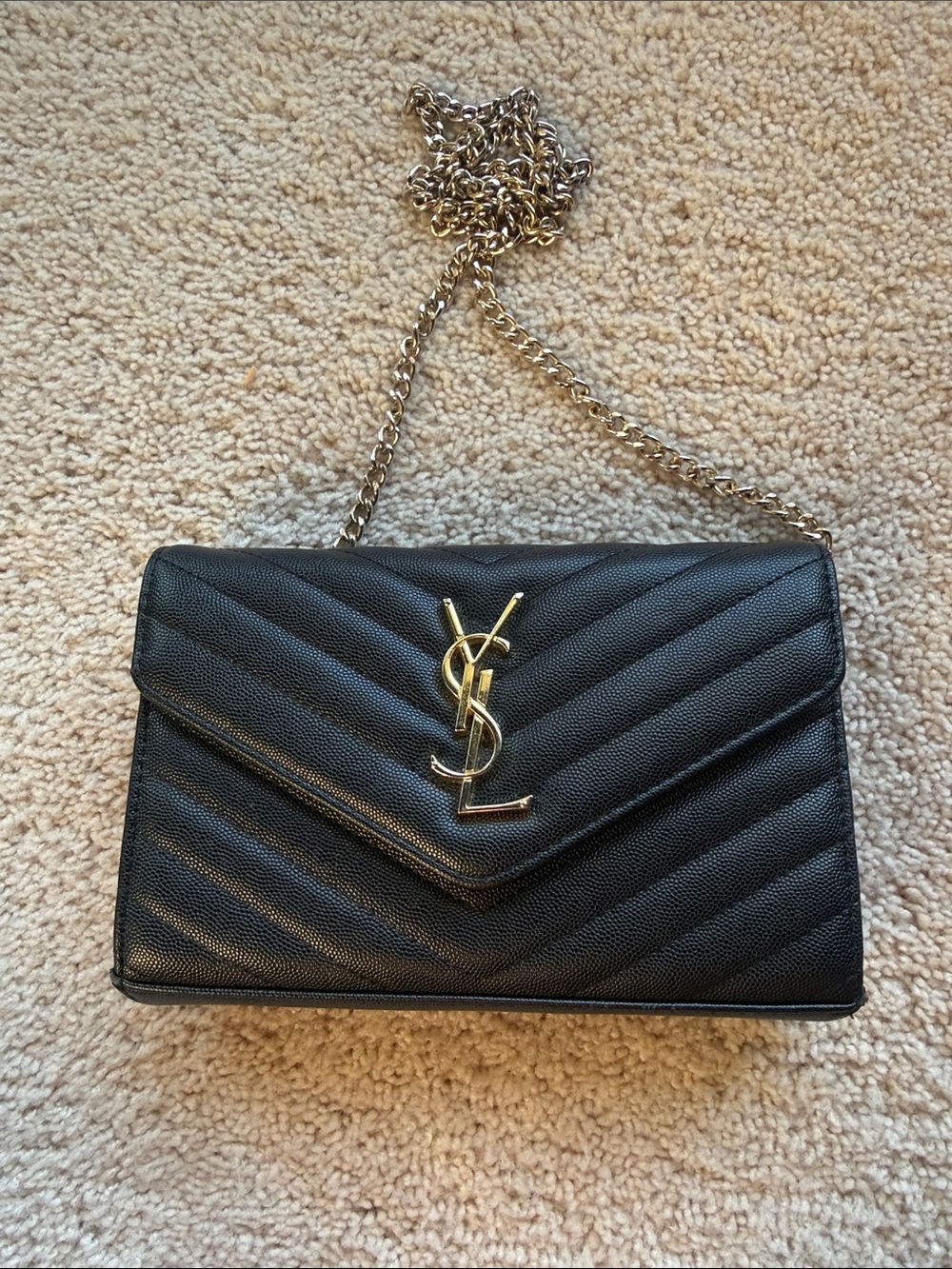 Black Quilted Leather Crossbody with Gold Logo and Chain Strap